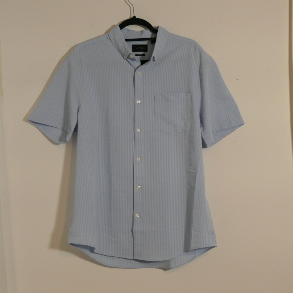 Perry Ellis Mens Shirt L Blue Seersucker Coastal Preppy Nautical Travel Vacation
